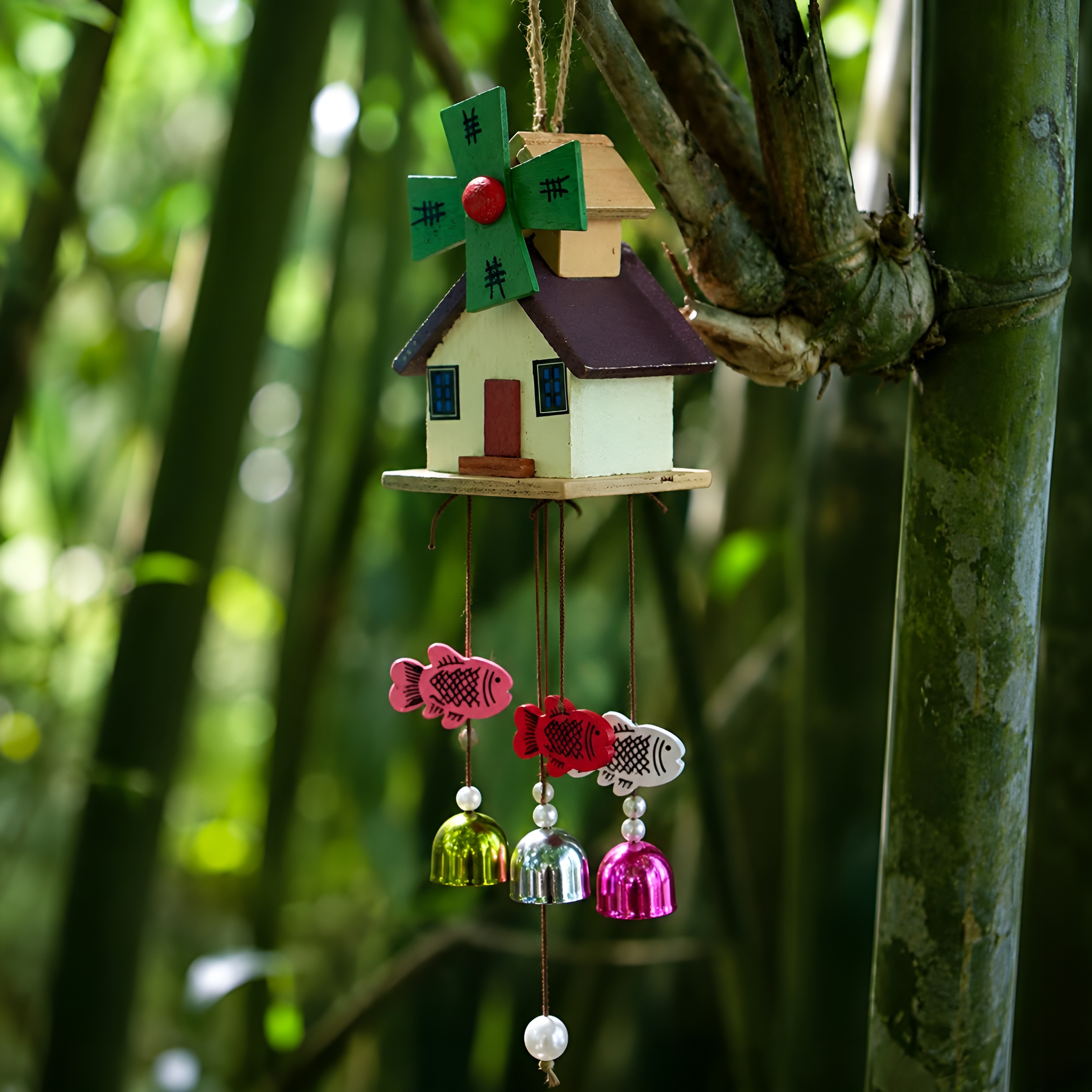 Wooden House wind chime with Windmill & Cottage